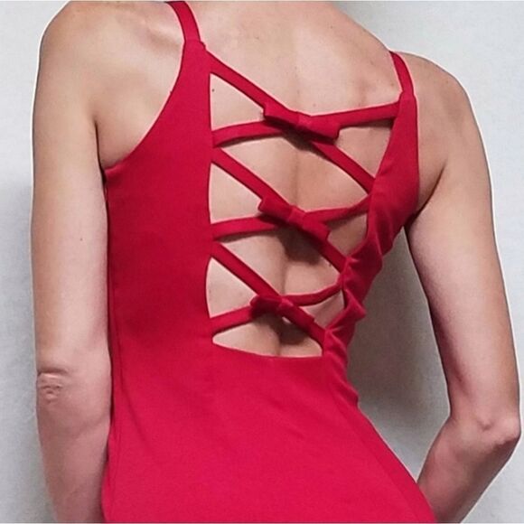 VINTAGE Dawn Joy Red Bow Cage Back Bodycon Dress - Picture 5 of 14